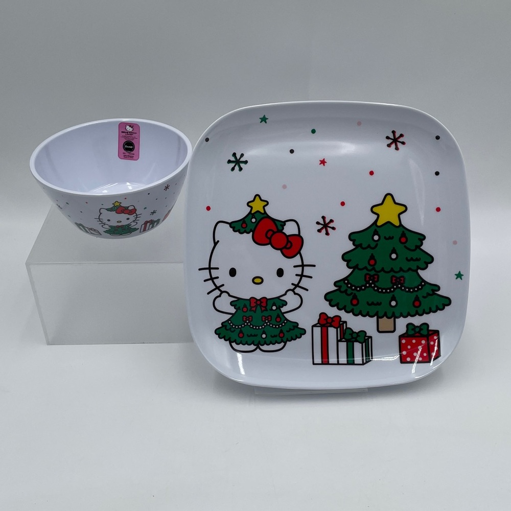 Hello Kitty Holiday Melamine Dinnerware Set Christmas Plate‎ & Bowl - White